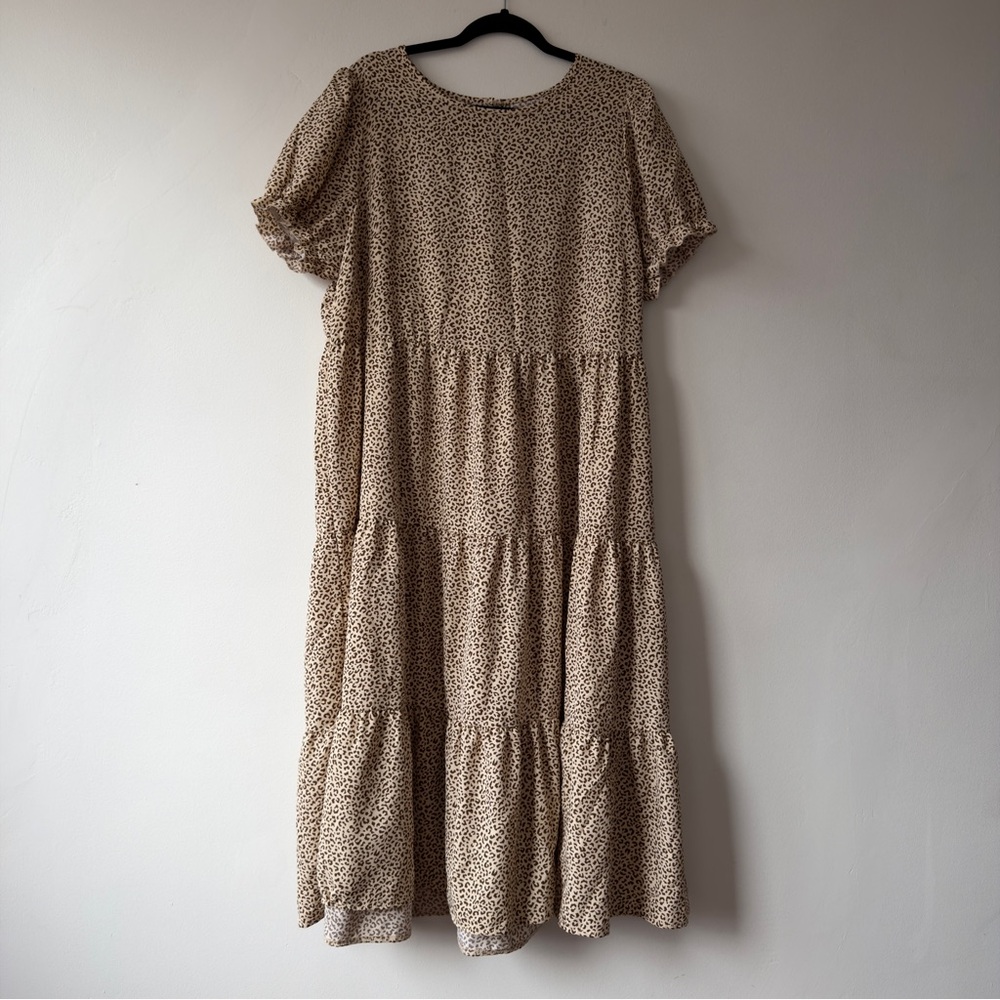 SHEIN Curve Leopard Print Tiered Midi Smock Dress 2XL Brown Tan Puff Sleeve